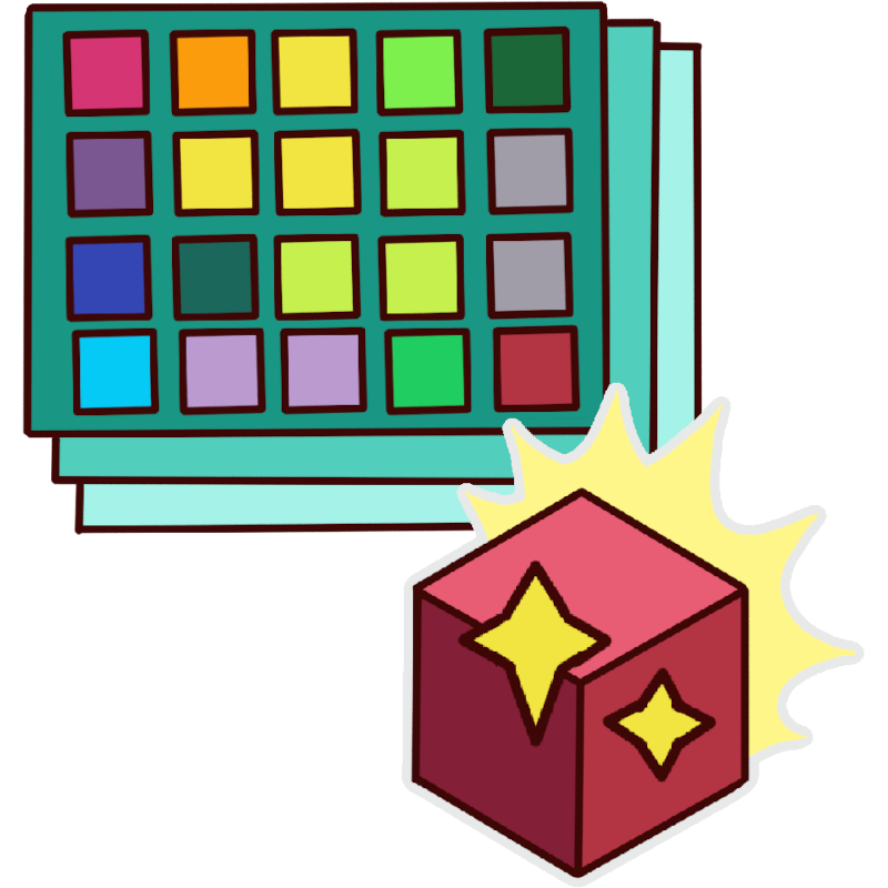 a stack of rectangular AAC boards next to a red cube with yellow sparkles and a yellow sunburst behind it